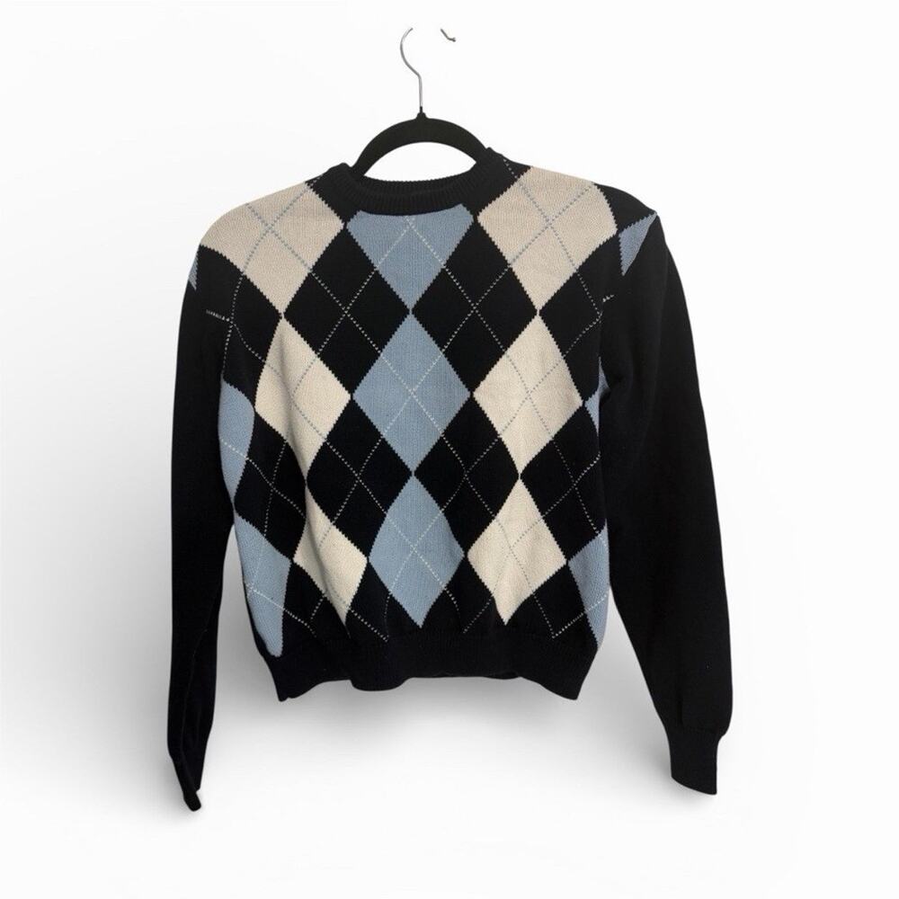 John Galt Argyle Knit Cotton Sweater Black Blue White Women’s